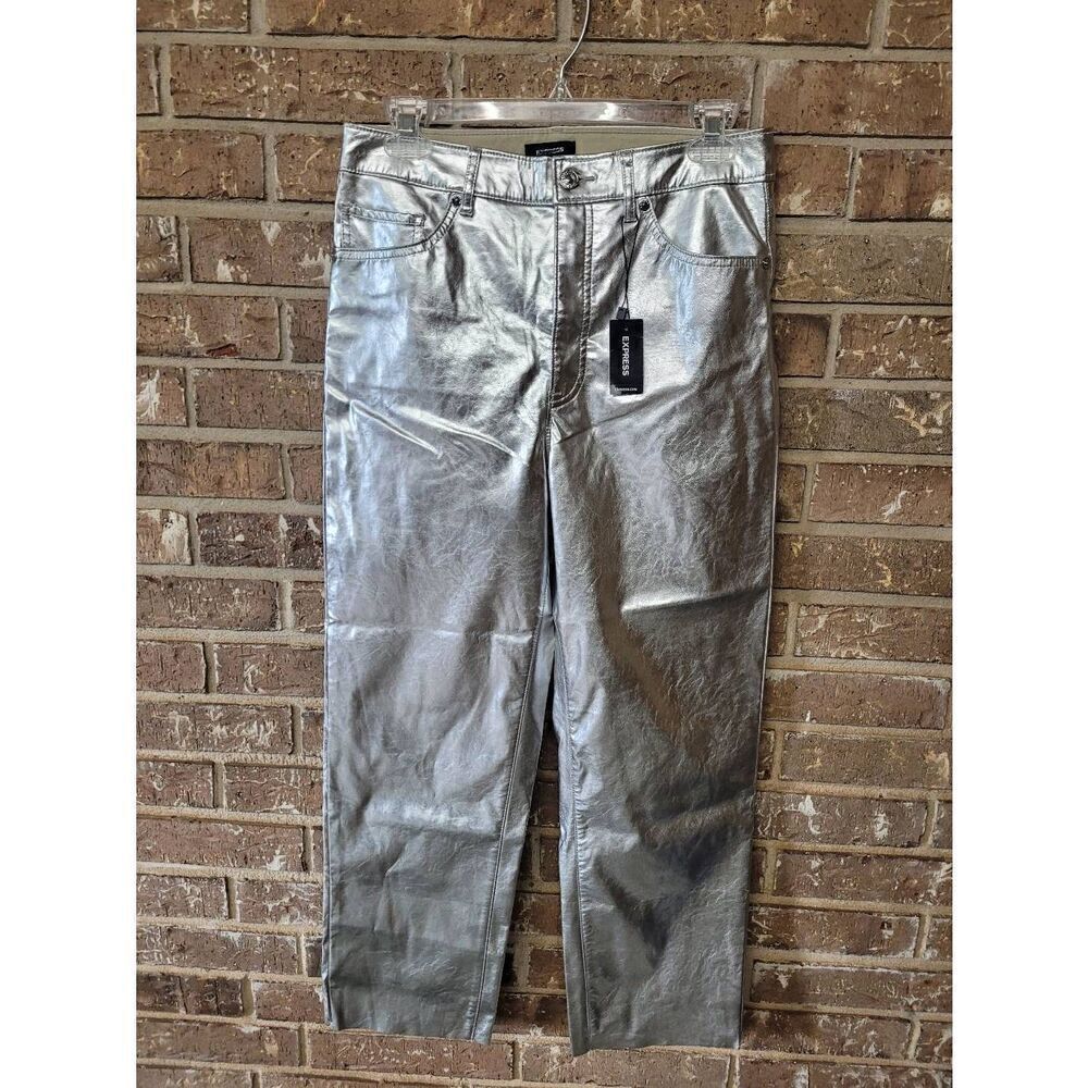 NWT Express High Waisted Silver Feaux Leather Straight Leg Pants, Women's 8